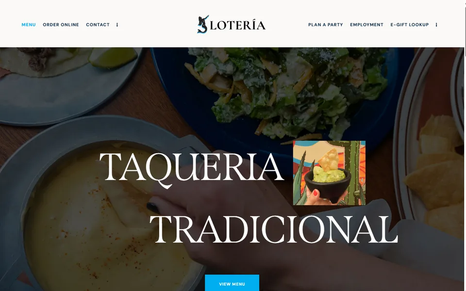 Lotería's previous website: a WordPress template with a serif headline over a busy food photograph.